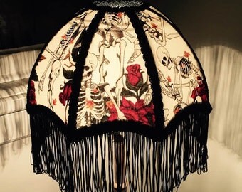 A Victorian lampshade /Downton/Gothic lampshade/ Alexander Henry/ Life's Little Pleasures fabric/ skeletons, Gothic bride, Skeletons/ Red