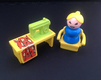 Vintage fisher price little people sewing machine chair and lady 1970's