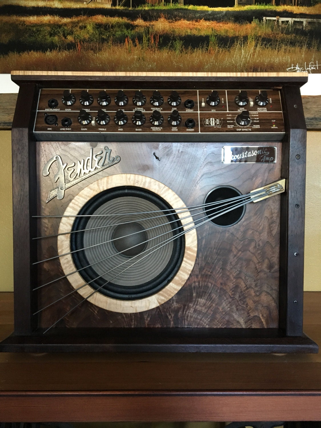 Acoustic Fender guitar amplifier in a handmade wooden case