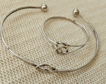 Modernist 1970s sterling silver choker necklace and bracelet set, knot design