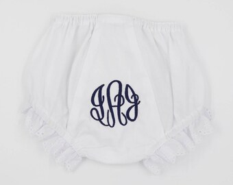 Traditional Monogrammed Ruffle Baby Bloomers / Your Choice of Monogram / Sizes 0-3 mos through 24 mos
