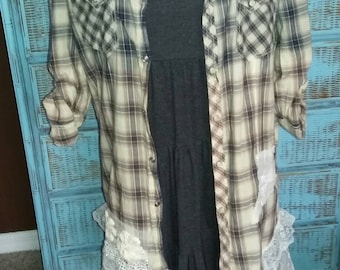 Country Girl Shirt Junk Gypsy Boho Top Recycled Clothing Anthropologie Shirt. Free People Style Shabby Chic Revival Plaid Cowgirl Glam