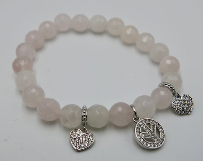 Heart healing semi-precious Rose Quartz Beaded stretch bracelet. Peace and Love Charm Bracelet 8mm Stones.