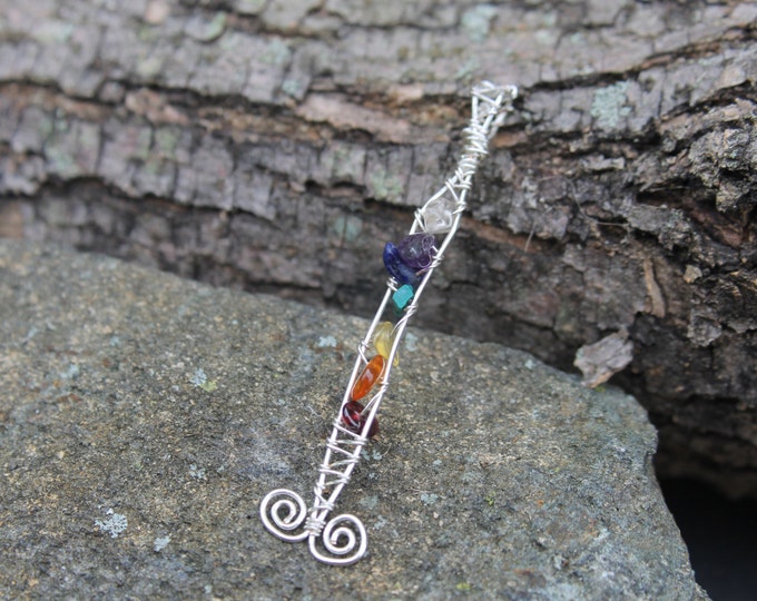 Silver Wire Rainbow Chakra Natural Stone Beads Pendant - Quartz, Amethyst, Lapis Lazuli, Malachite, Citrine, Carnelian, and Garnet