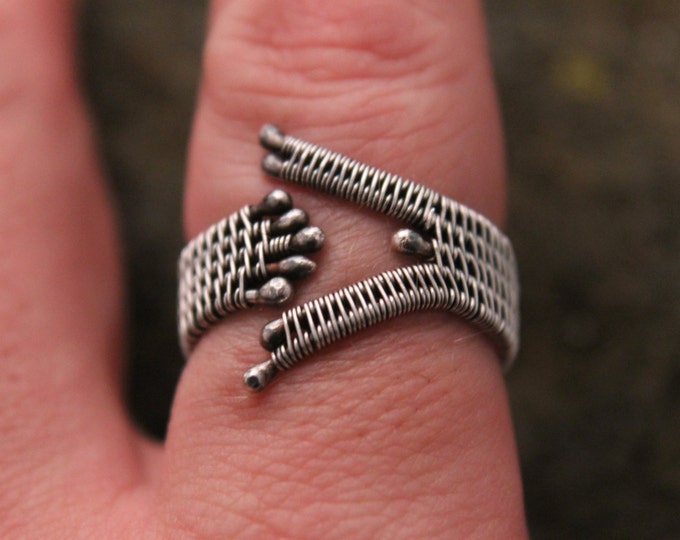 Adjustable Fine and Sterling Silver Patina Wire Weave Ring Adjustable Size 9.5 to 13 ; Wire Weaved Jewelry, Statement Ring Mens or Ladies
