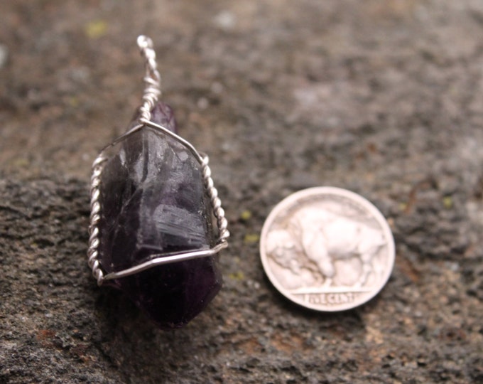 Dark Crystal Amethyst Tip with Silver Wire Wrap, Purple Stone, Crystal Point Pendant, Natural Rock Jewelry, Deep Purple Color