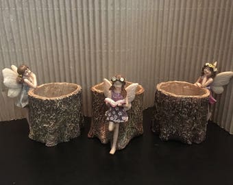 Fairy Garden | Fairies with Tree Stump Planter | Resin Outdoor Miniature Hardscape for Fairies & Gnomes | Choose 1 from 3 Designs!