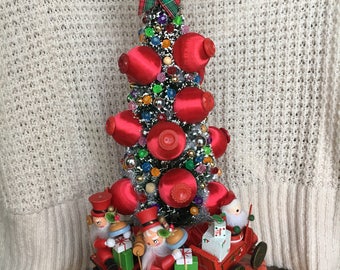 Vintage Wooden Ornament and Bottlebrush Tree Christmas Centerpiece