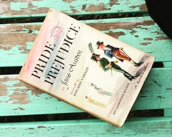 SOLD - Vintage book beautiful cover art Pride & Prejudice by Jane Austen, 1946 Rainbow Classic w/ lovely colorful Edward Cirlin illustration