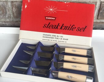 Rare Vintage Emdeko Steak Knife Set//Stainless Steel Blades//Atomic Starbursts