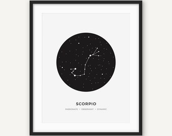 Scorpio Constellation Wall Art, Scorpion Zodiac Sign Print, Astrology Poster Minimalist Modern Geometric, Black and White Decour, Geometry