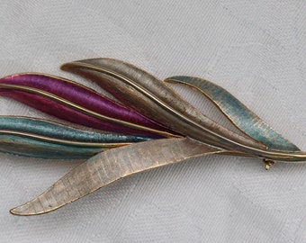 Unique Very Large Kramer Vintage Gold Tone Leaf Brooch with Blue and Magenta Colors