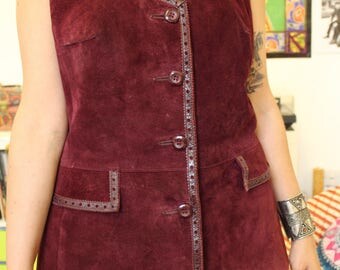 Vintage 60s 70s Burgundy suede vest L
