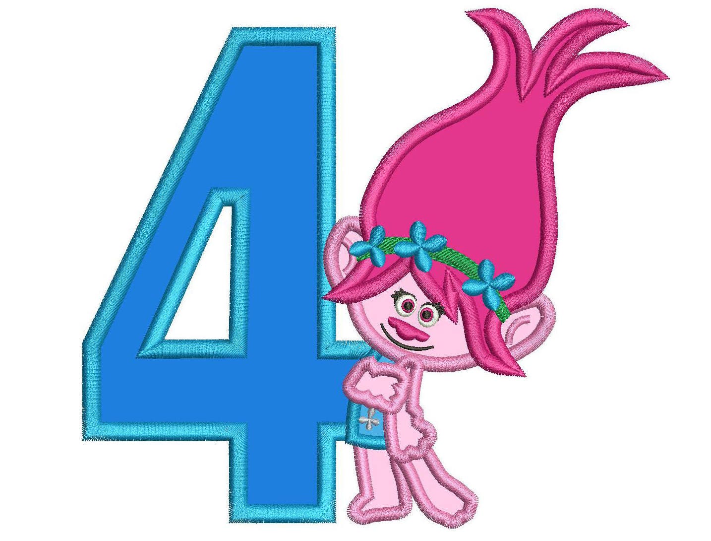 Download 4th Birthday Poppy Troll Applique Design 3 sizes for instant