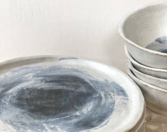 stoneware white and blue ceramic dinner plates