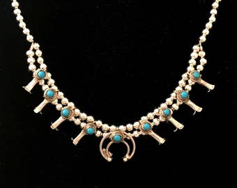 Navajo-made Native American mini squash blossom necklace, child's or adult, natural turquoise