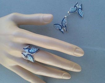 Handmade Sterling Silver Turkish ButterflyBridal Jewelry Boho Jewelery Enamel and Cubic Zirconium Ring Earing Set Custom Made Jewelry