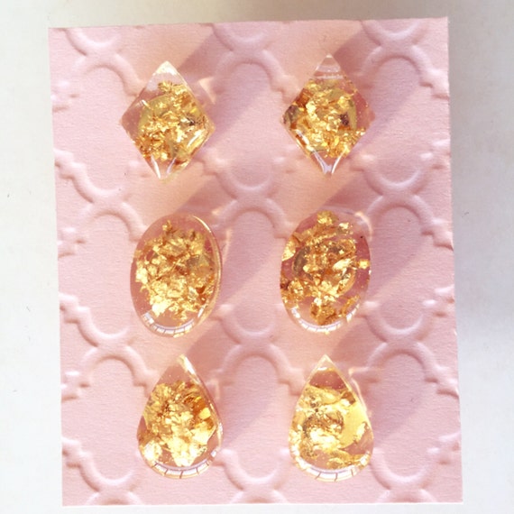 Items similar to Gold Leaf Flake Clear Resin Stud Earring Set on Etsy