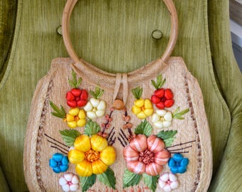 Vintage 1970 Straw Purse, Tourist Purse, Flower Straw Bag, Bahamas Purse, Vintage Straw handbag