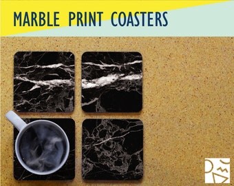 Black Marble Print Coasters w/ Custom Monogram - 3.75in - Set of 4 High Quality Digital Print, Dye Sublimation - Cork Backed - Home & Office