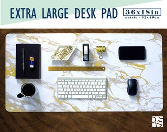 White Marble and Gold Extra Large Desk Pad with Available Custom Monogram - Extended Mouse Mat - 36x18in