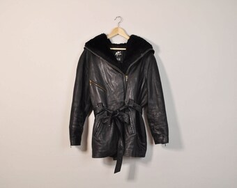 Leather Hooded Coat, Vintage Black Leather Coat, 90s Leather Belted Coat, Leather Midi Coat, Hooded Winter Coat, 90s Oversized Coat