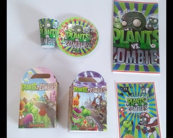Plants VS Zombies Party Set 10 Guest Plates, Cups, Candy Bags, Candy Box, Table Cover