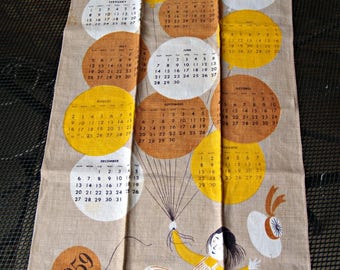 Vintage New Old Stock Linen Calendar Tea Towel 1959 Balloons