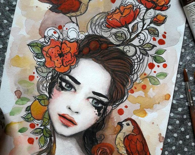 Girl with birds ORIGINAL painting by Tatiana Boiko watercolor art, wall hanging, wall art, wall decor, birds, flowers, floral painting