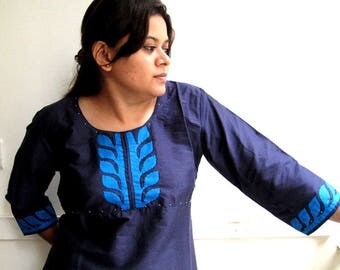 Cotsilk Nave Blue kurta with applique
