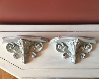 Wall Shelf ornate vintage distressed white ornate French country shabby weathered handpainted wall decor entry way baroque