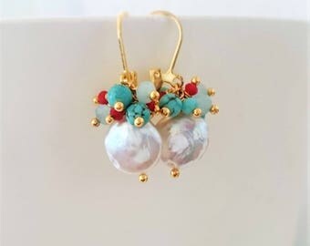 Coin pearl earrings with turquoise semi-precious stones and crystals