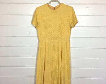Vintage 1960s Mariold Eyelet Day Dress / Yellow Fit & Flare Dress / Full Skirt