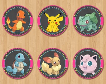 Pokemon Cupcake Toppers - Chalkboard PInk, Yellow + Blue - Girl Pokemon Birthday Party - Pokemon Party Favors - Pokemon Sticker - Pikachu