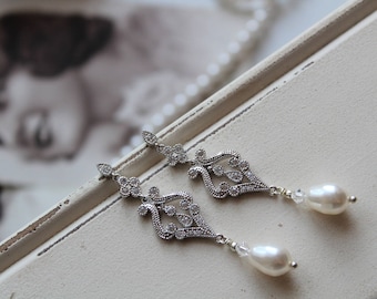Art Deco Earrings , Vintage Style Crystal Pearl Earrings, Bridal Earrings, Wedding Earrings, Pearl Drop Earrings, Stud Earrings