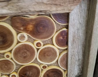 Barn wood burlap and wood slice art piece