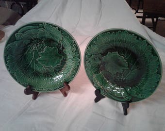 Two Vintage antique German Majolica Plates green leaves