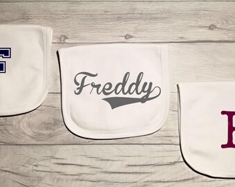 Personalized Baby Bibs, Newborn Baby Gift, Baby Shower Gift, Baby Girl Gift, Navy Grey and Burgandy Vinyl on White Bib, Infant Bib