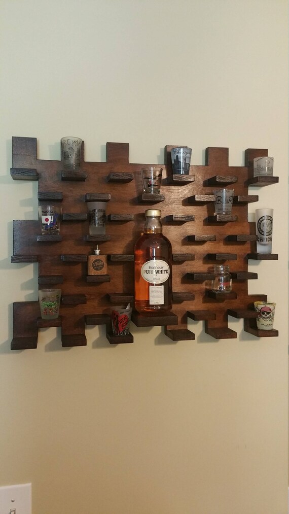 Shot glass display case with custom bottle shelv wall mount