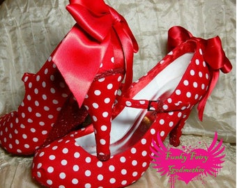 Polka-dotswith bows high heels, rockabilly shoes, vintage style shoes, customised shoes, women's heels, high heels, heeled shoes, red shoes