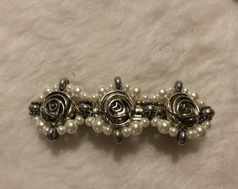 Beaded Barrette, Triplet Design, MetallicRoses1
