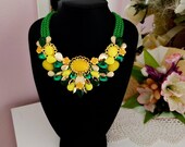 Handmade bib statement necklace with green and yellow acrylic gemstones, gift for her, wedding necklace, bridesmaid jewelry
