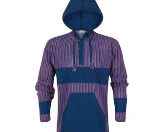 Grandad Shirt with Hoodie // Long Sleeve Kurta // 100% Cotton // Made in Nepal // Striped // Hippie Hobo Boho Bohemian Wear