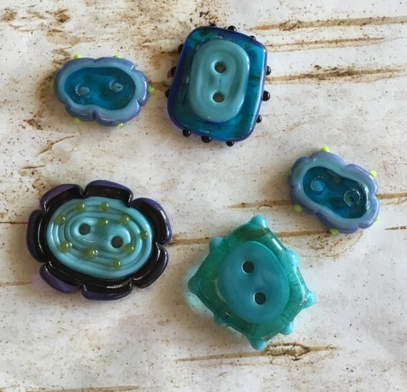 Handmade Lampwork Glass Buttons in Blues