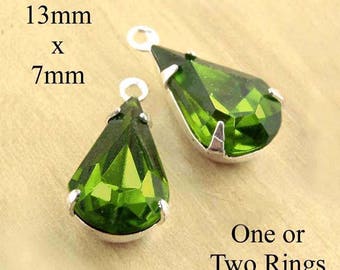 Olivine Green Vintage Glass Beads - 13mm x 7mm Pear or Teardrop - Silver or Brass Settings - Glass Gems - Jewelry Supply - One Pair