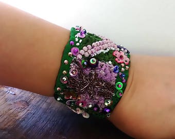 Wisteria Bracelet, Silk Chiffon, Beaded, Flowers, Lilac, Green, Cuff, Ruched, Hand Stitched, Rustic, Boho