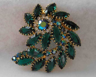 Vintage Brooch, DeLizza and Elster, Juliana, Green Navettes, AB Chatons, ca 1960s NT-1150