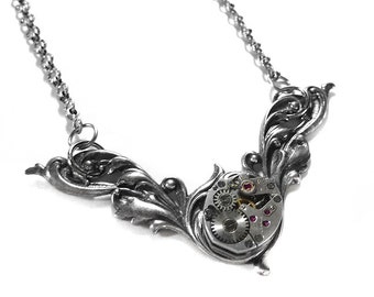Steampunk Jewelry Necklace Silver Vintage Watch Floral in WOLFRAM FASHION Magazine WEDDING Anniversary Birthday Gift - Jewelry by edmdesigns