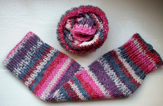 Chunky warm leg warmers, wider fit, multi striped Fair Isle effect knit wool cotton mix