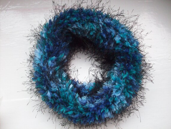 Vegan neck warmer, knitted cosy cowl, warm collar, shades of blue and turquoise, soft textured snood scarf